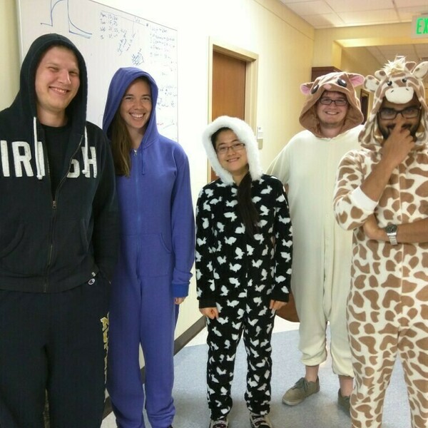 Lab members participate in Onesie day in the lab in 2015