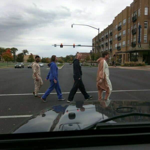 Lab members cross the street during Onesie Day in 2015