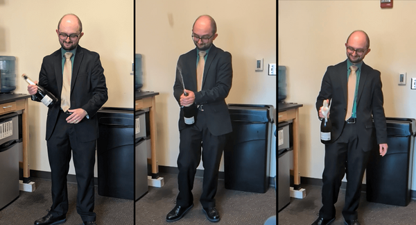 Tryptic of newly minted PhD, Dr. George Gray, destroying his bottle of Champagne