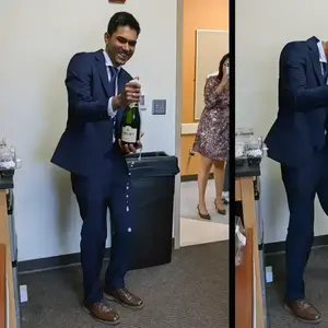 Graduate student Gihan celebrating his successful PhD defense